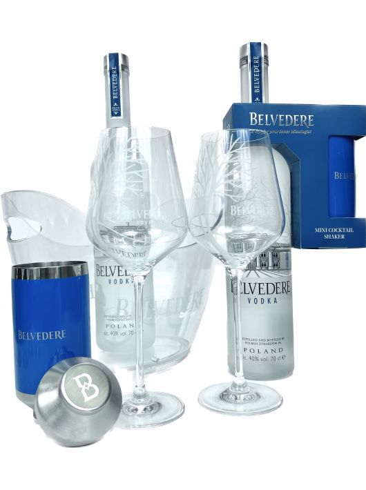 Belvedere Vodka Set 2 Medium Ice Bucket & 6 Spritz Glasses & 2 bottles Pure & 2 Mini Shaker - 40% - 2 x 70 CL