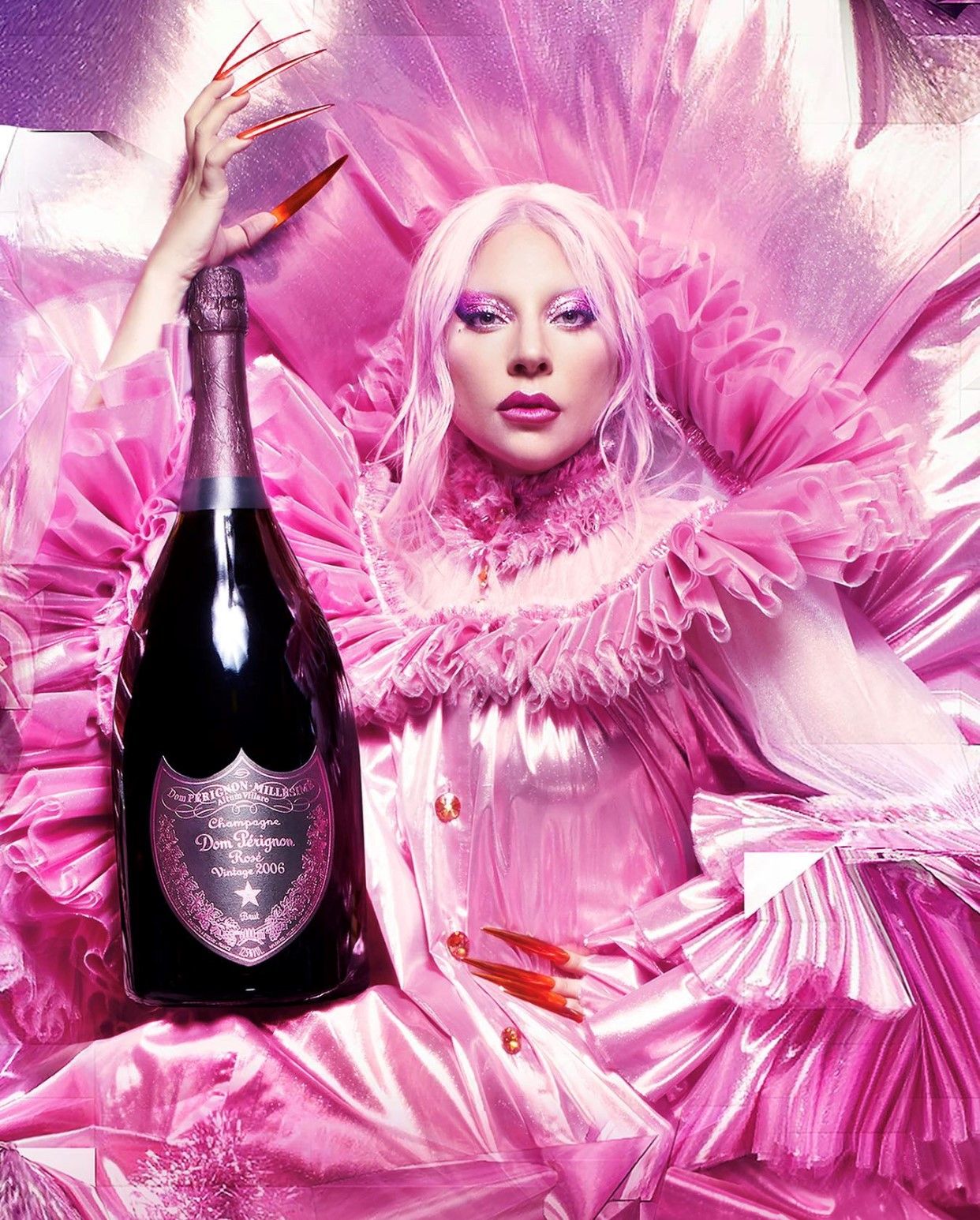 Lady Gaga with a bottle of Dom Perignon Rosé