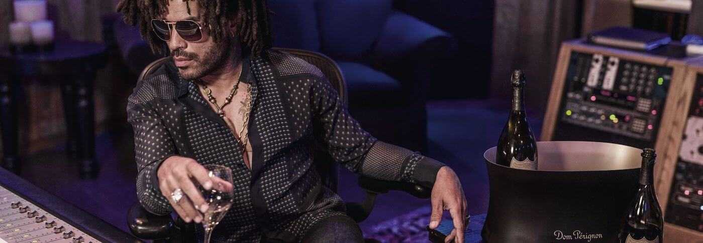 Lenny Kravitz in studio drinking Dom Perignon